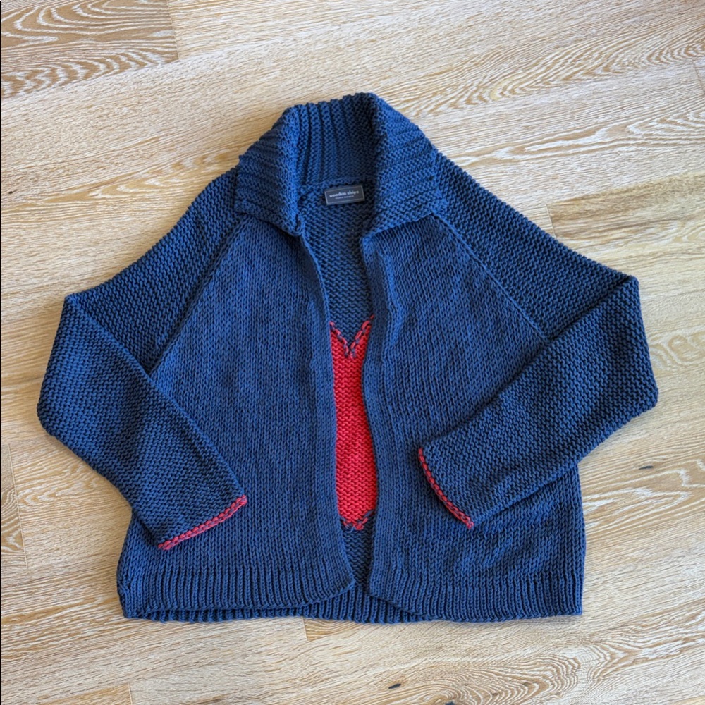 Wooden Ships Navy Blue Knit Cardigan Sweater with Red Heart Accent